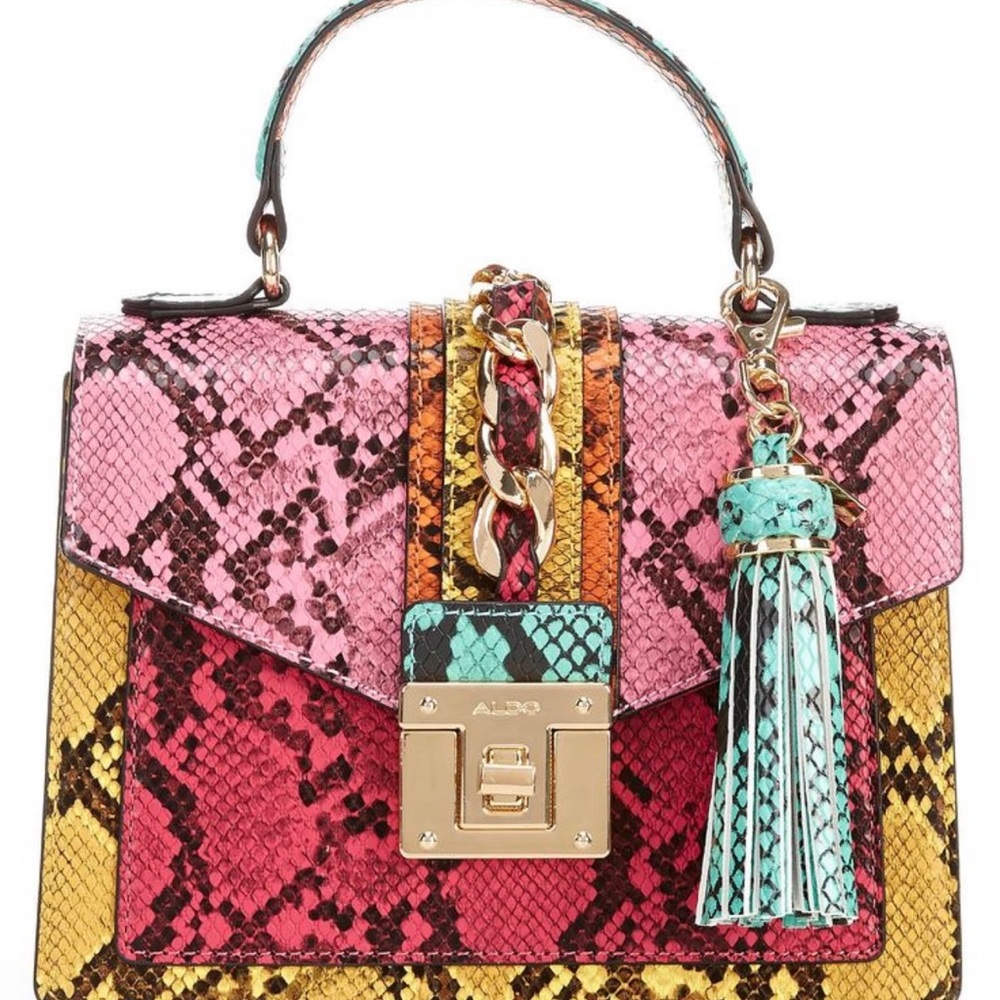 Aldo Martis Pink  Green Yellow Spring Snakeskin Textured Handbag NWOT